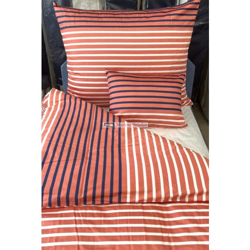 Billerbeck Bianka "Summer Strips" - 3 részes ágyneműhuzat garnitúra korallrózsaszín-tengerészkék-fehér csíkos 100% pamutszatén