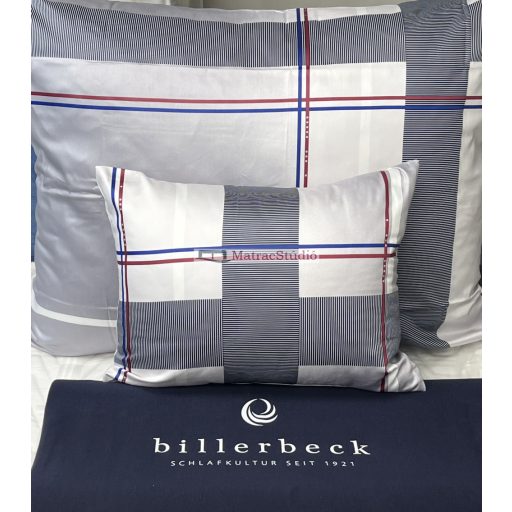 Billerbeck Bianka Sea - sportosan elegáns "Tommy Hilfiger" stílust idéző fehér alapon sötétkék-piros csíkozású pamutszatén 3 részes ágyneműhuzat garnitúra